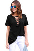 Sexy Black Short Sleeves Lace up Slub Cotton Tee